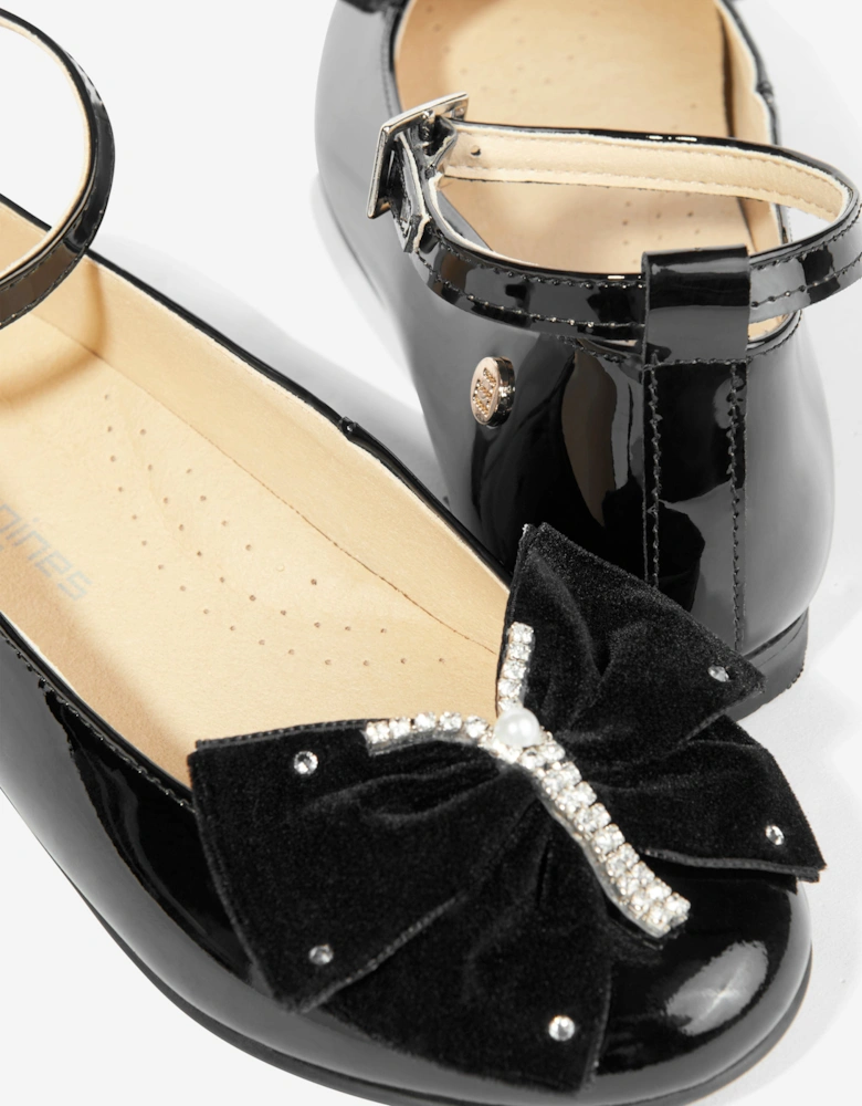 Girls Patent Leather Bow Ankle Strap Shoes in Black