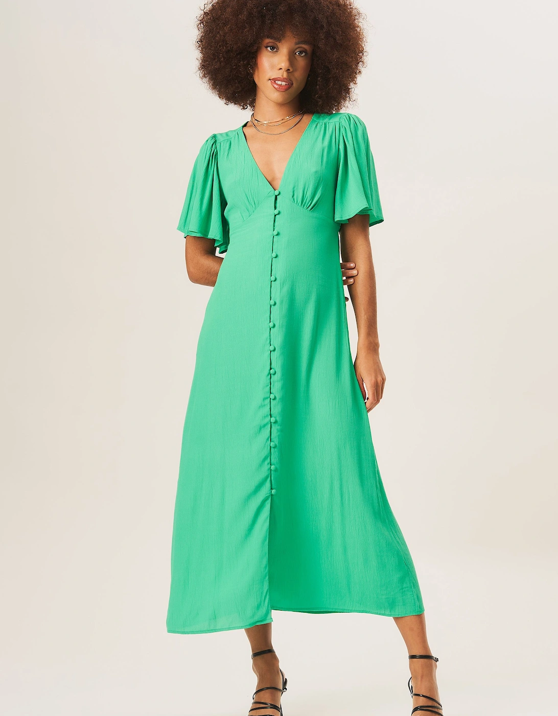 Green Angel Sleeves Button Down Midi Dress, 2 of 1
