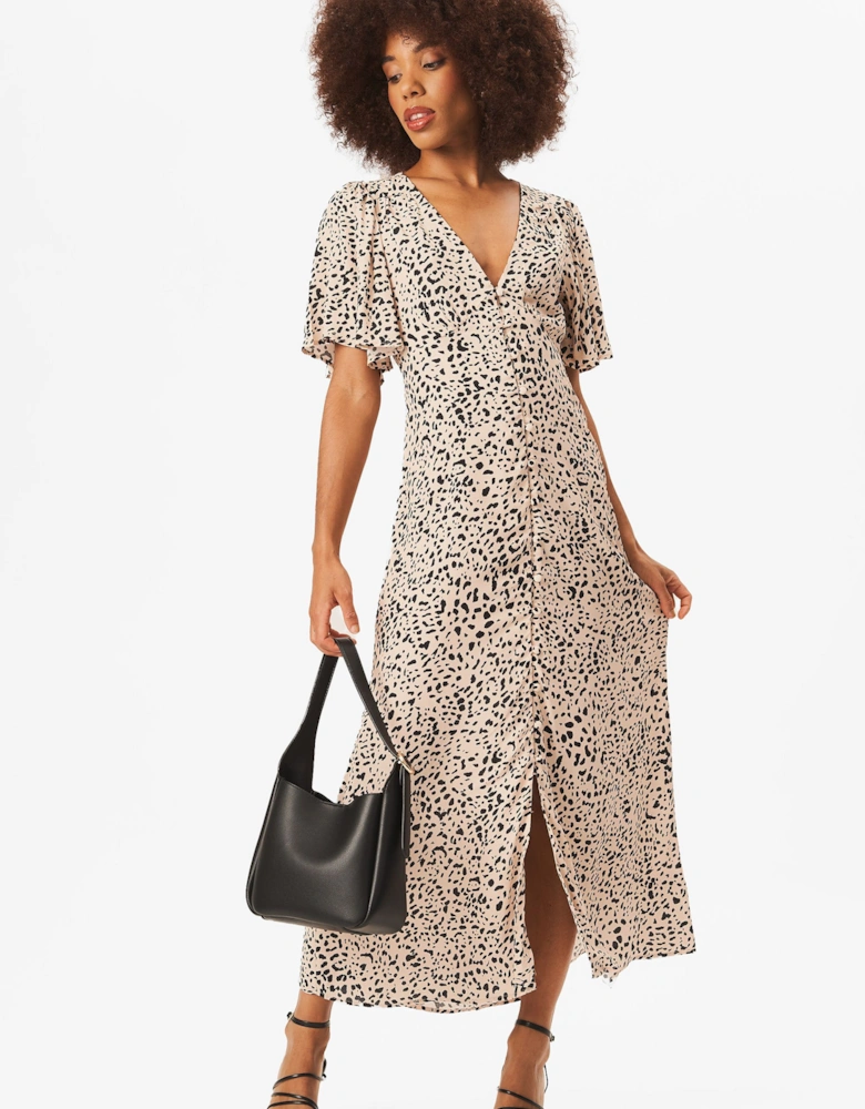 Beige Animal Print Button Down Midi Dress