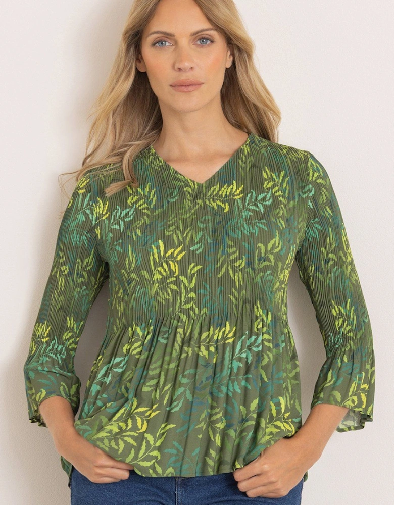 Leaf Printed V Neck Pleated Top