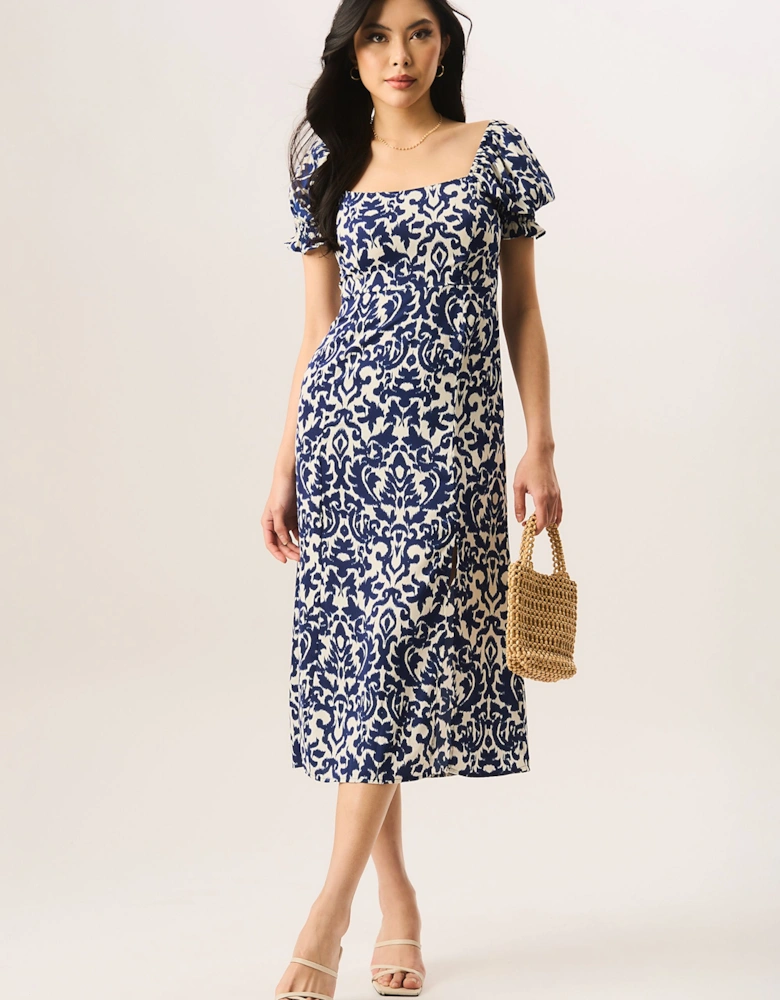 Blue Short Puff Sleeve Split Hem Midi Dress