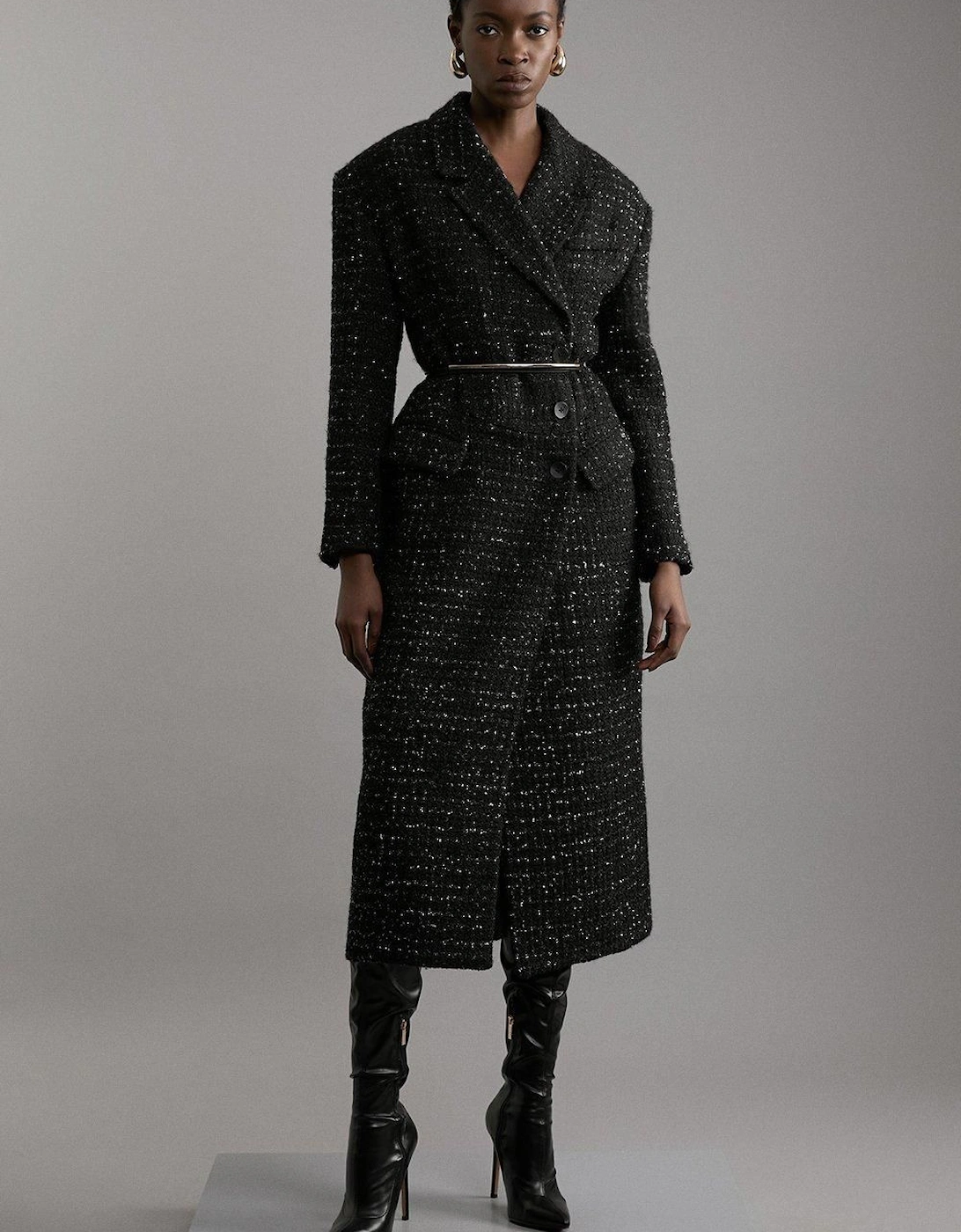 Metallic Texture Check Darted Waist Midaxi Tailored Coat, 2 of 1