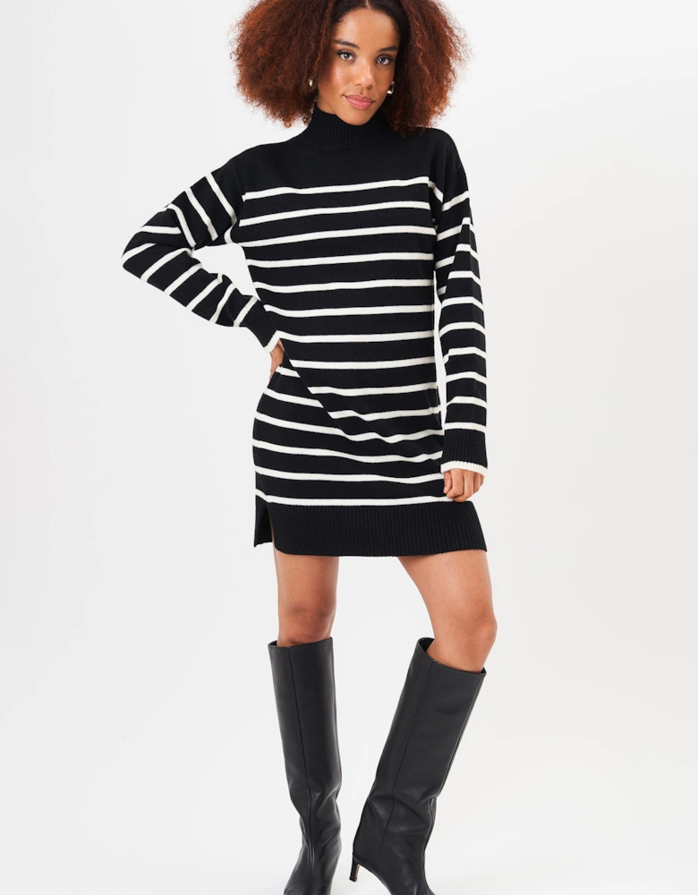 Black High Neck Stripe Oversized Tunic Dress