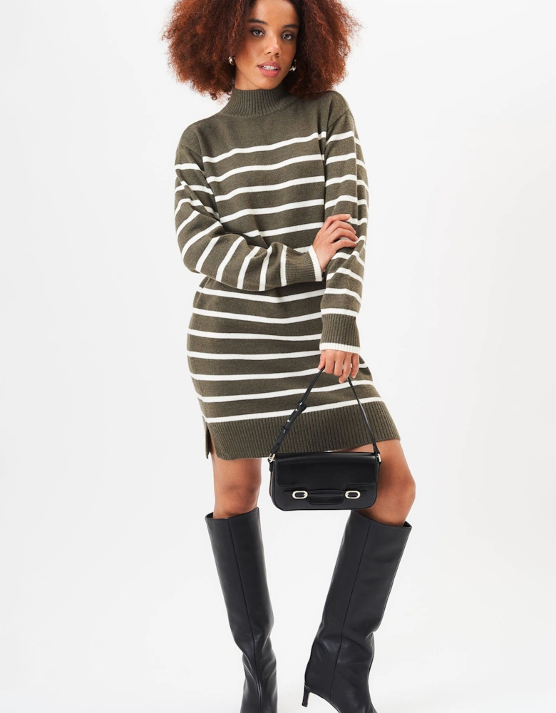 Khaki High Neck Stripe Oversized Tunic Dress