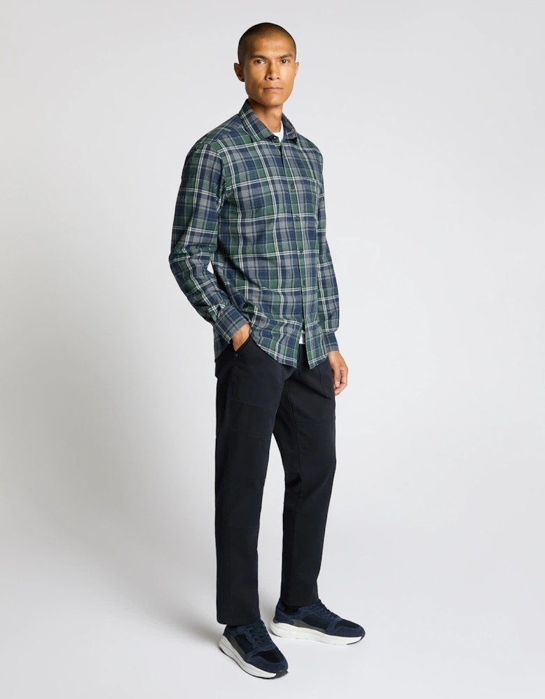Tapered Fit Cotton Blend Checked Shirt - Navy