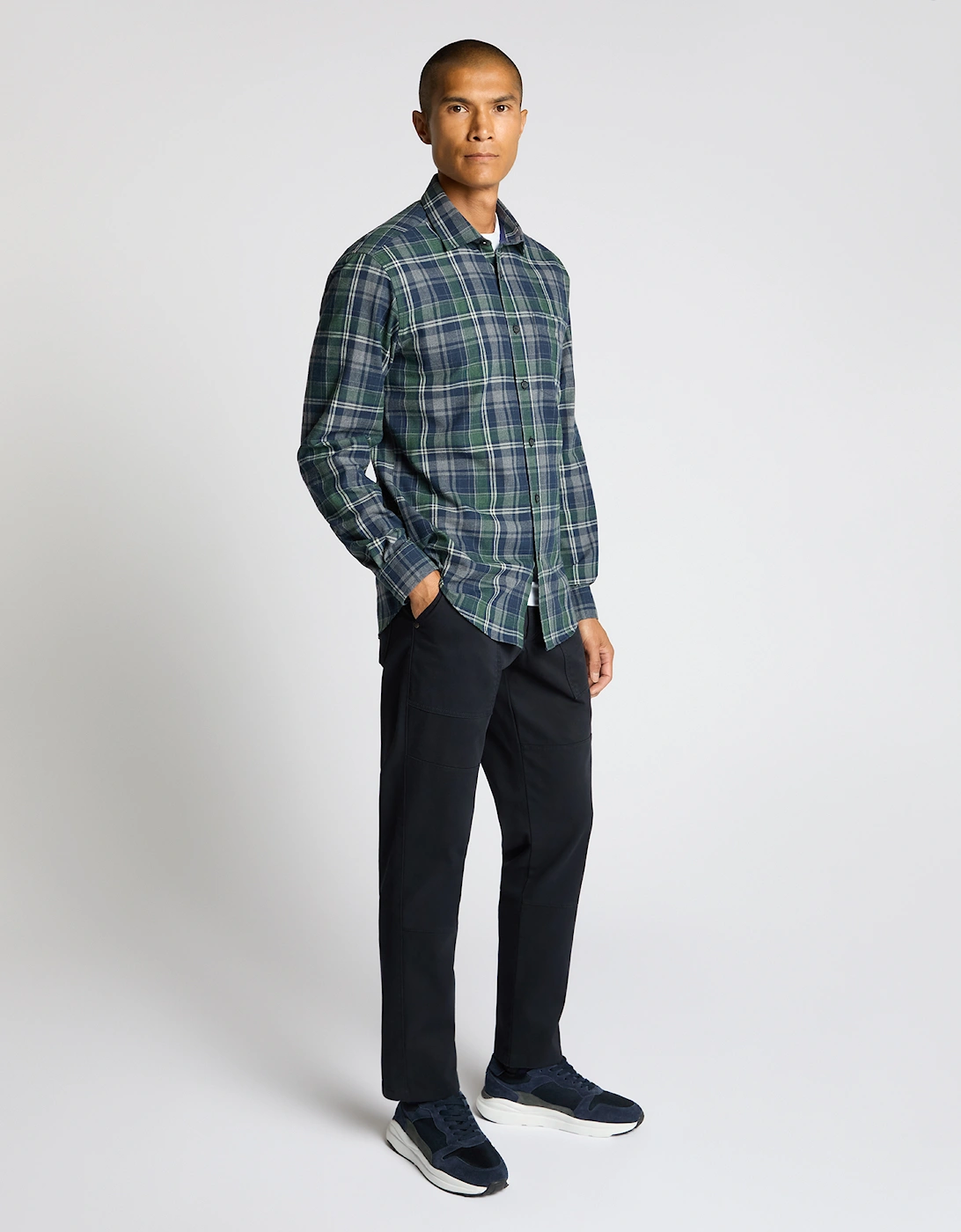 Tapered Fit Cotton Blend Checked Shirt - Navy