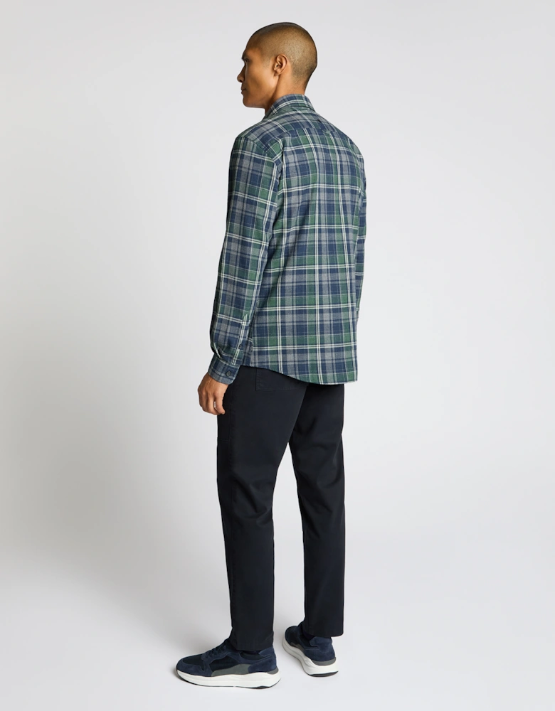 Tapered Fit Cotton Blend Checked Shirt - Navy