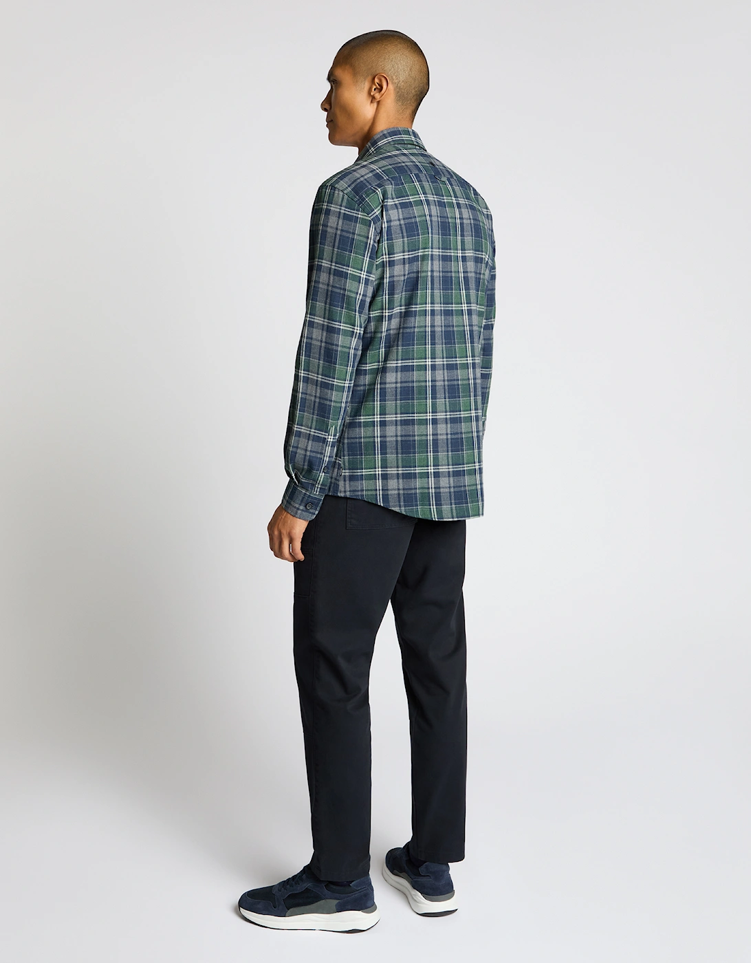 Tapered Fit Cotton Blend Checked Shirt - Navy