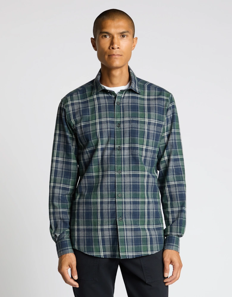 Tapered Fit Cotton Blend Checked Shirt - Navy