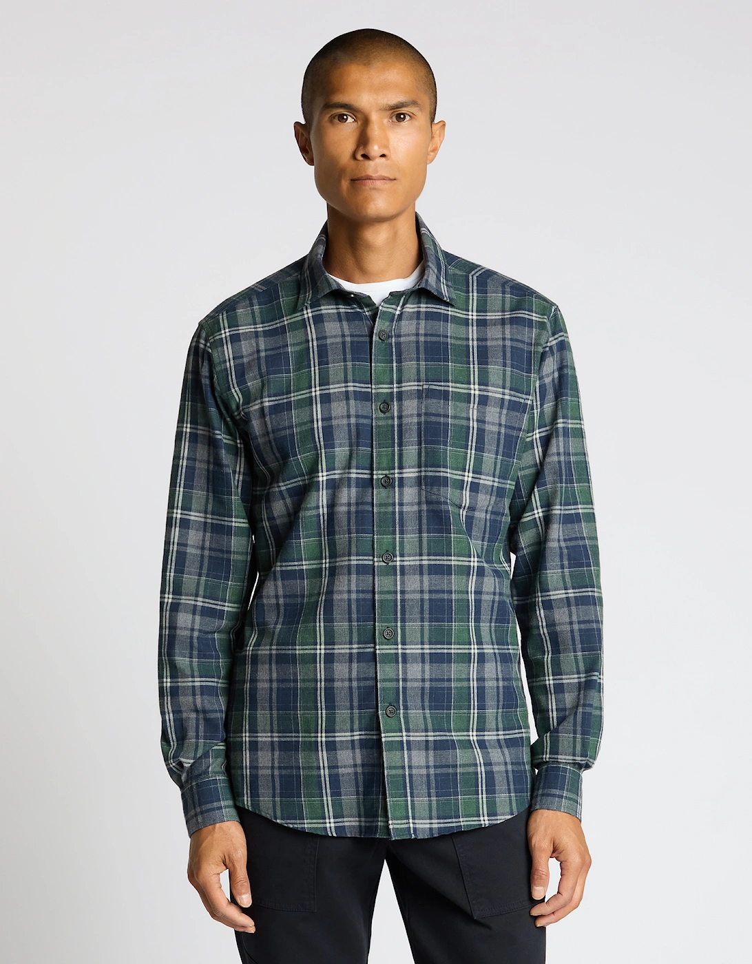 Tapered Fit Cotton Blend Checked Shirt - Navy