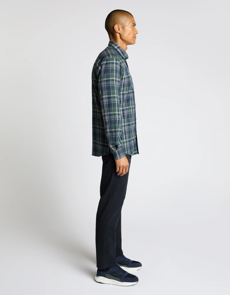 Tapered Fit Cotton Blend Checked Shirt - Navy
