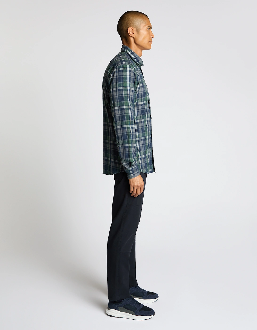 Tapered Fit Cotton Blend Checked Shirt - Navy