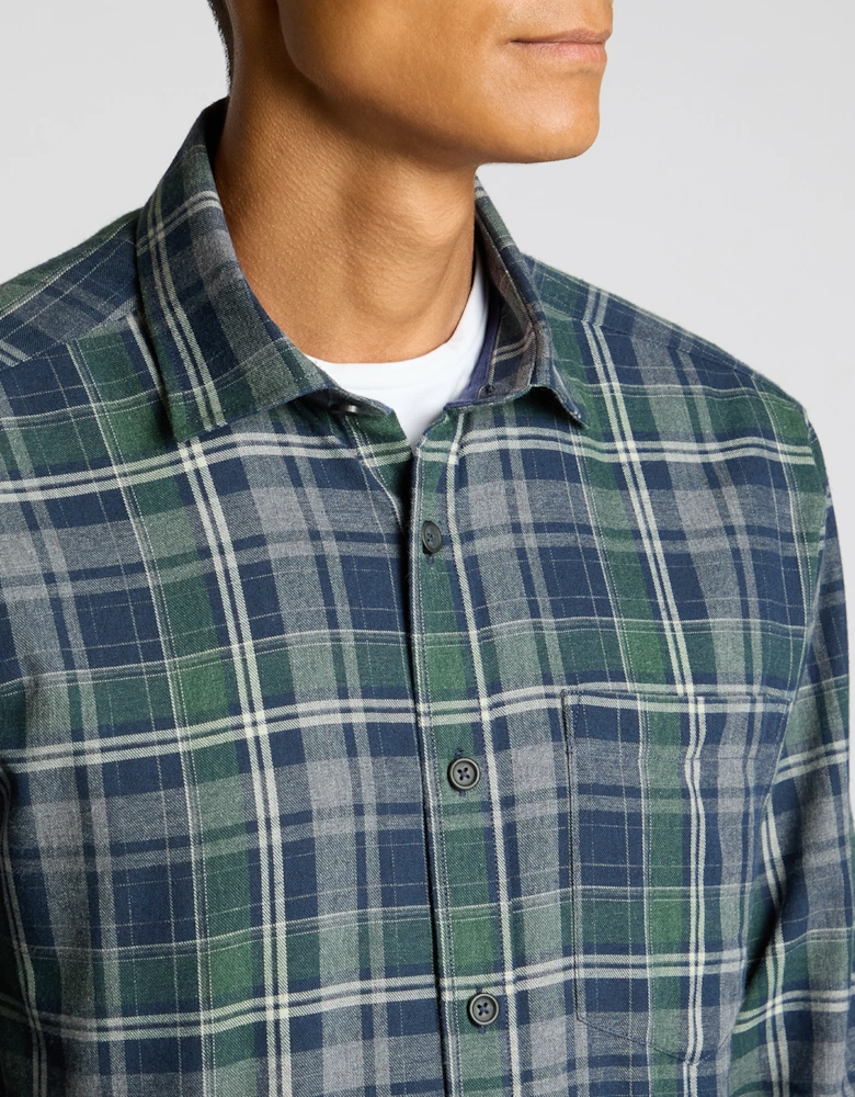 Tapered Fit Cotton Blend Checked Shirt - Navy