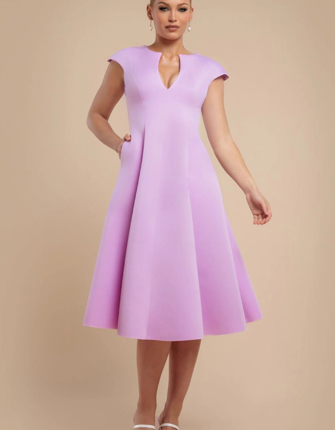 Cap Sleeve Plunging V Neckline A-line Midi Dress, 2 of 1