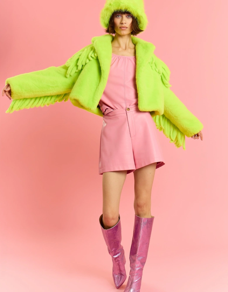 Lime Green Hand Cut Tassels Bamboo Lyocell Blend Eco Faux Fur Cropped Jacket