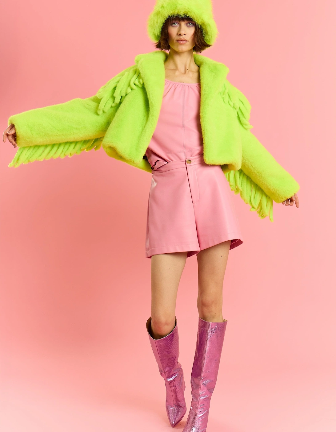 Lime Green Hand Cut Tassels Bamboo Lyocell Blend Eco Faux Fur Cropped Jacket, 6 of 5