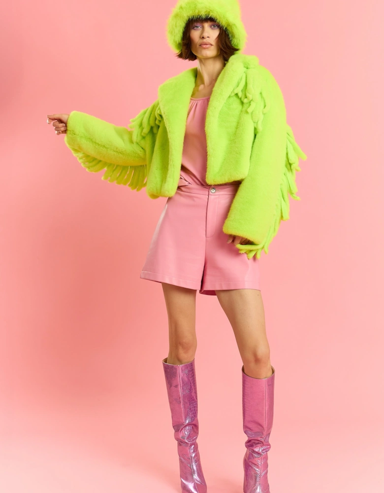 Lime Green Hand Cut Tassels Bamboo Lyocell Blend Eco Faux Fur Cropped Jacket