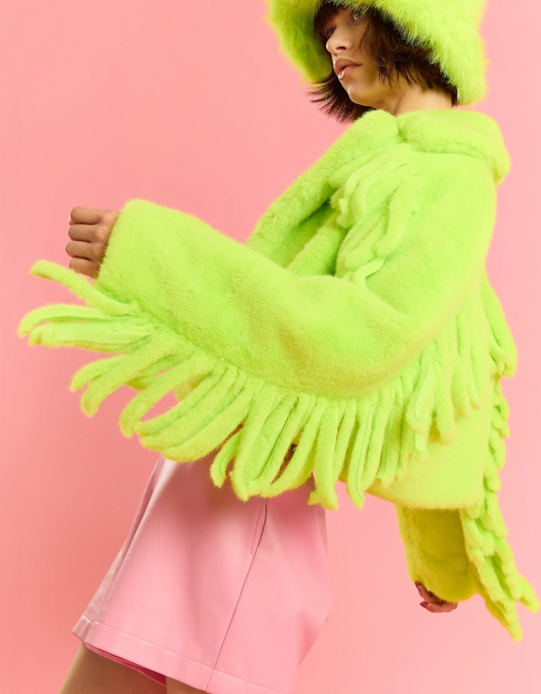 Lime Green Hand Cut Tassels Bamboo Lyocell Blend Eco Faux Fur Cropped Jacket