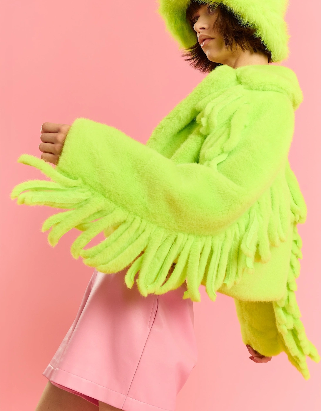 Lime Green Hand Cut Tassels Bamboo Lyocell Blend Eco Faux Fur Cropped Jacket
