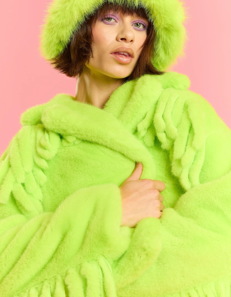 Lime Green Hand Cut Tassels Bamboo Lyocell Blend Eco Faux Fur Cropped Jacket