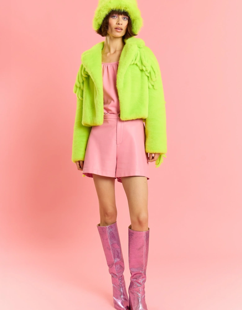Lime Green Hand Cut Tassels Bamboo Lyocell Blend Eco Faux Fur Cropped Jacket