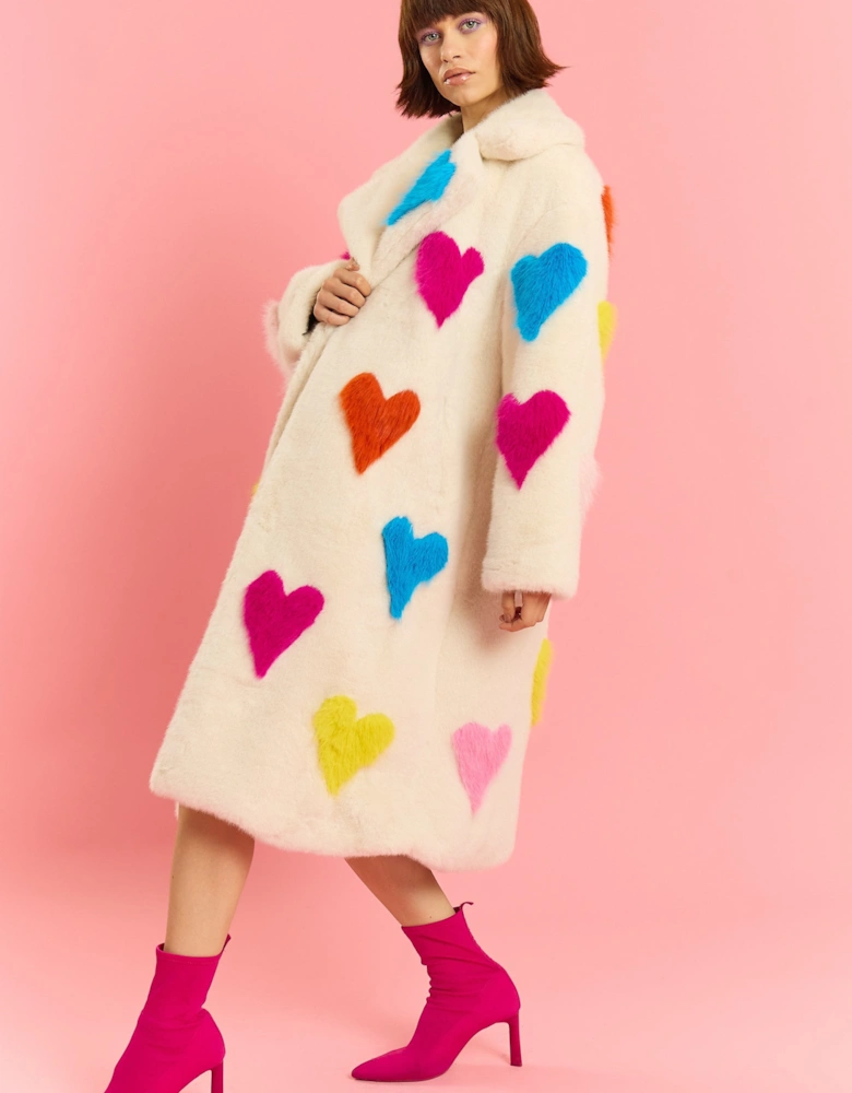 Cream Hand Craft Love Heart Bamboo Faux Fur Coat