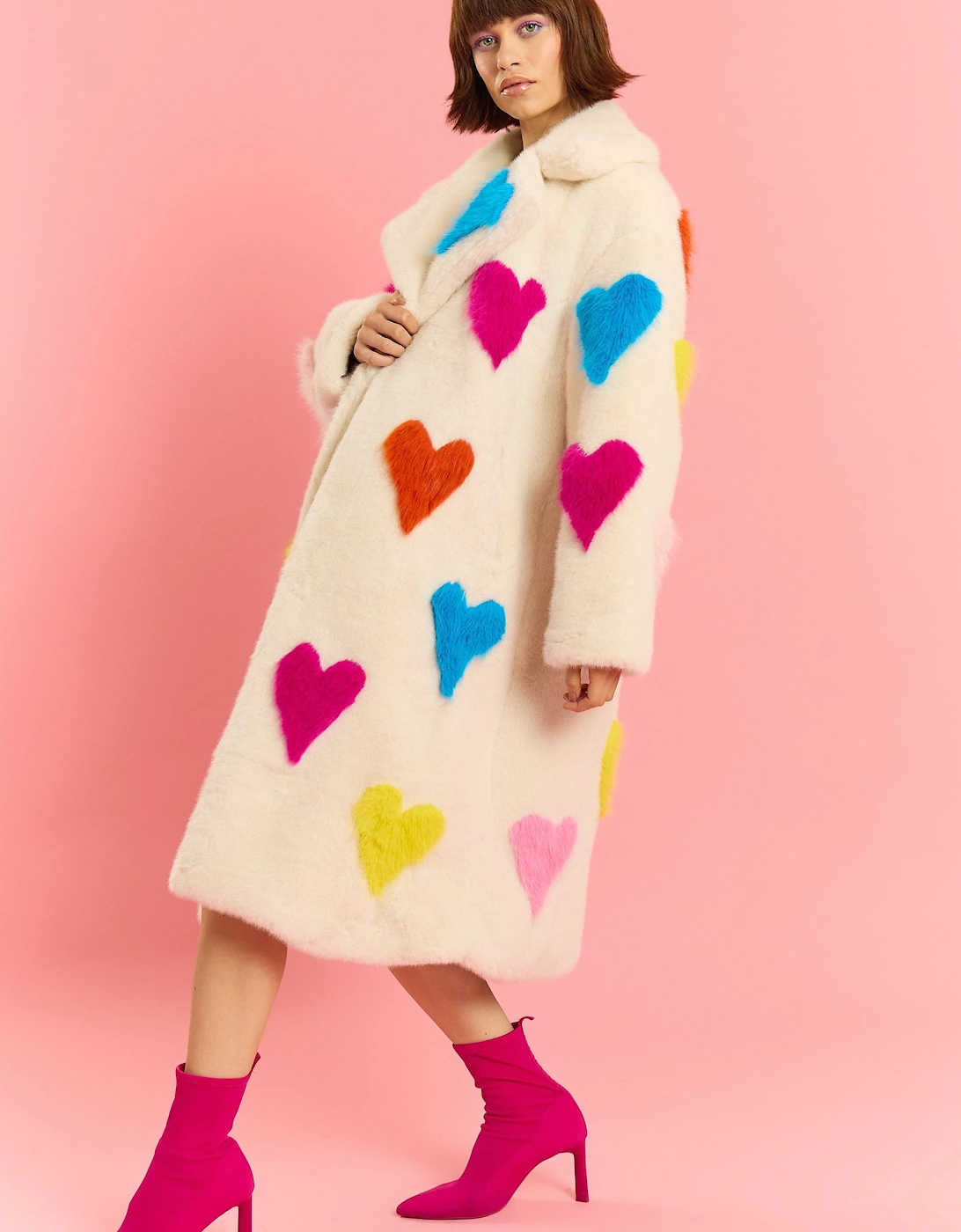 Cream Hand Craft Love Heart Bamboo Faux Fur Coat
