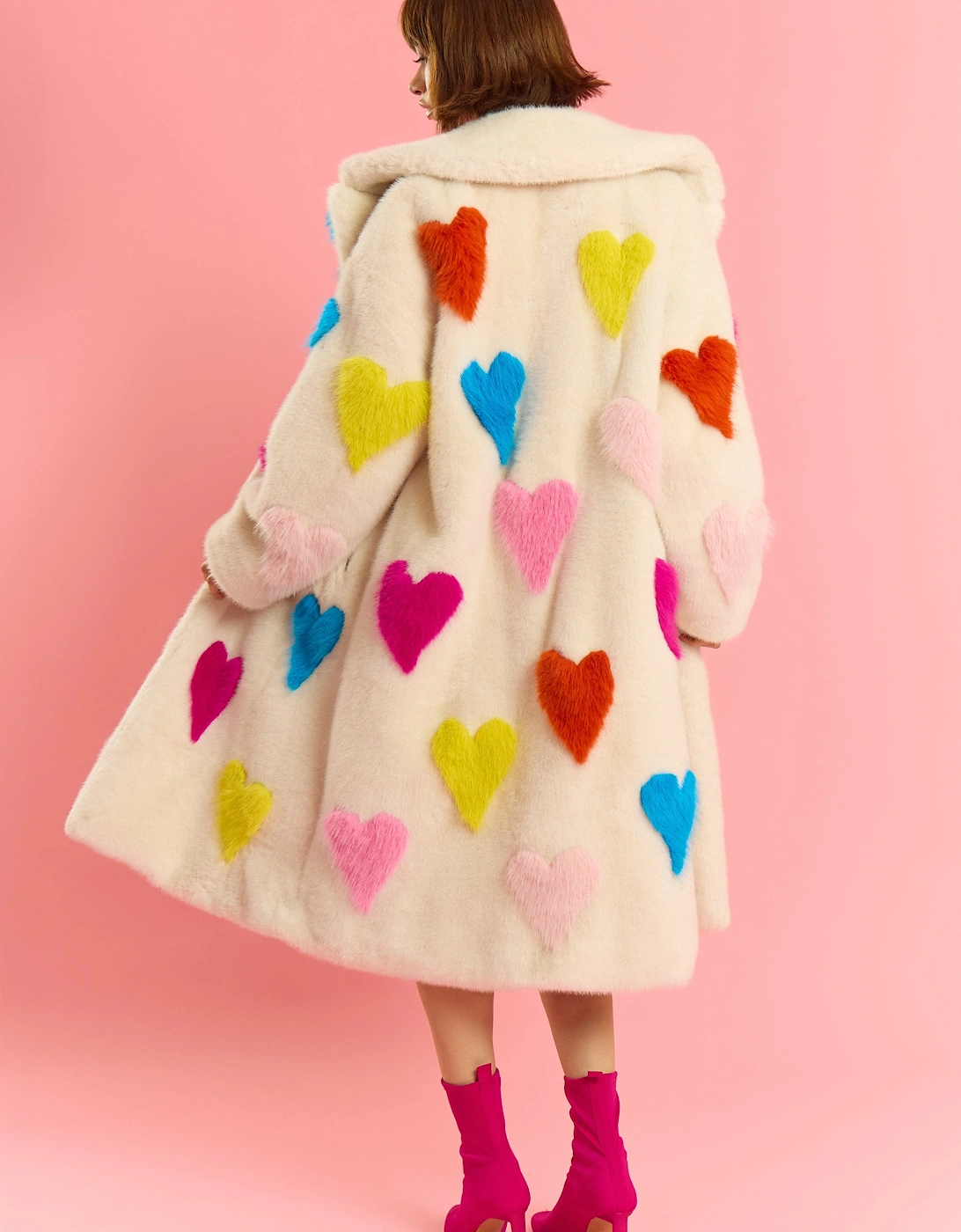 Cream Hand Craft Love Heart Bamboo Faux Fur Coat
