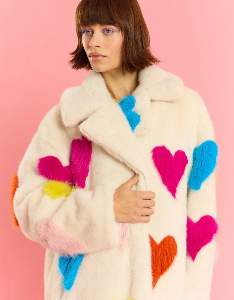 Cream Hand Craft Love Heart Bamboo Faux Fur Coat