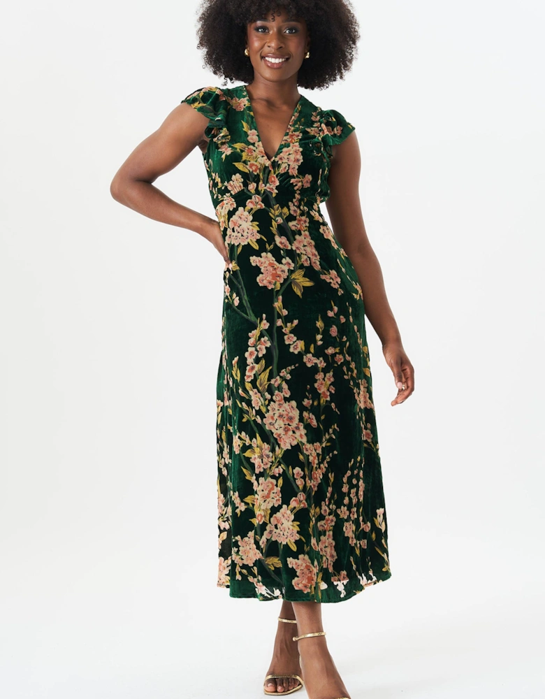 Green Floral Devore Ruffle V Neck Midaxi Dress