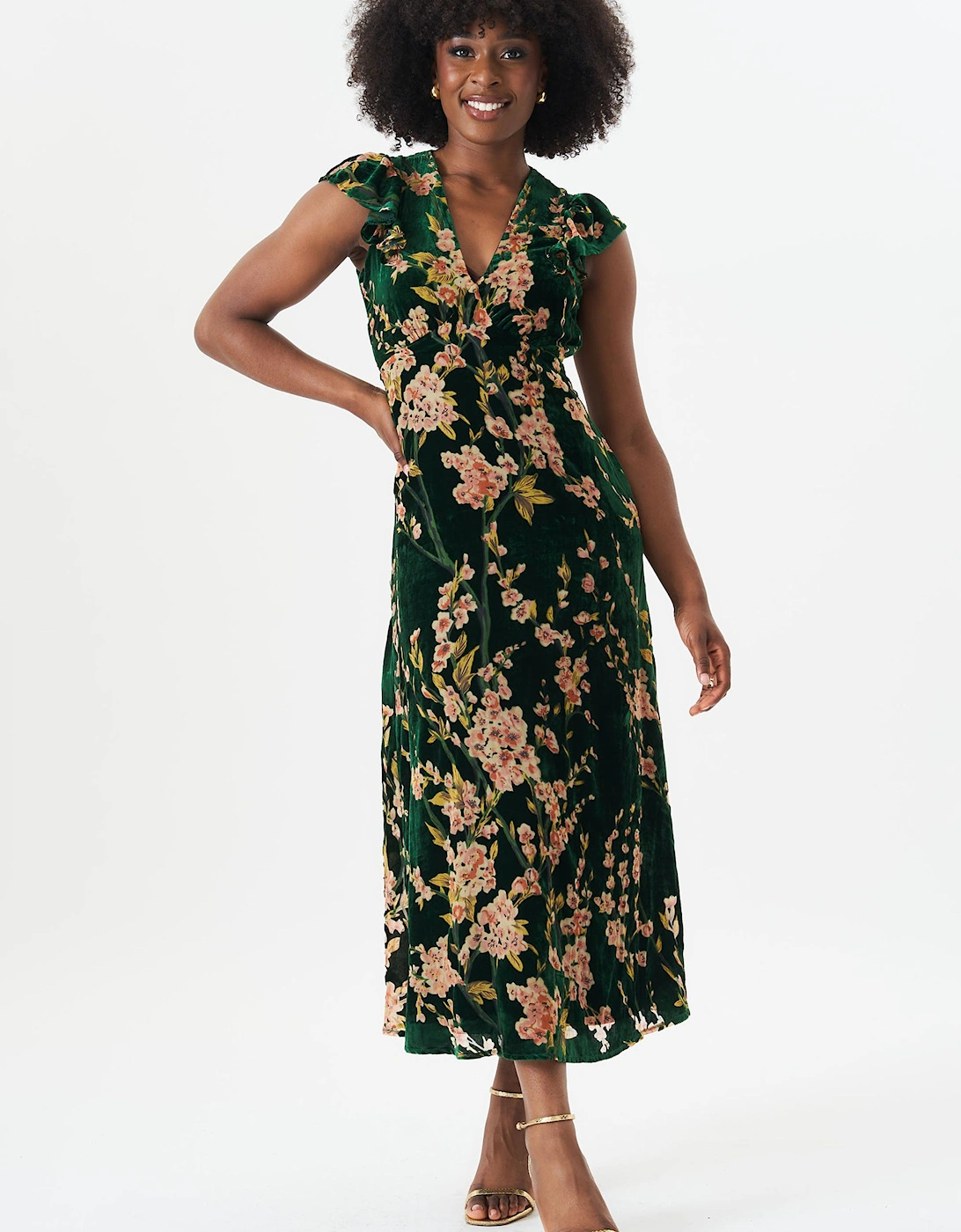 Green Floral Devore Ruffle V Neck Midaxi Dress, 2 of 1