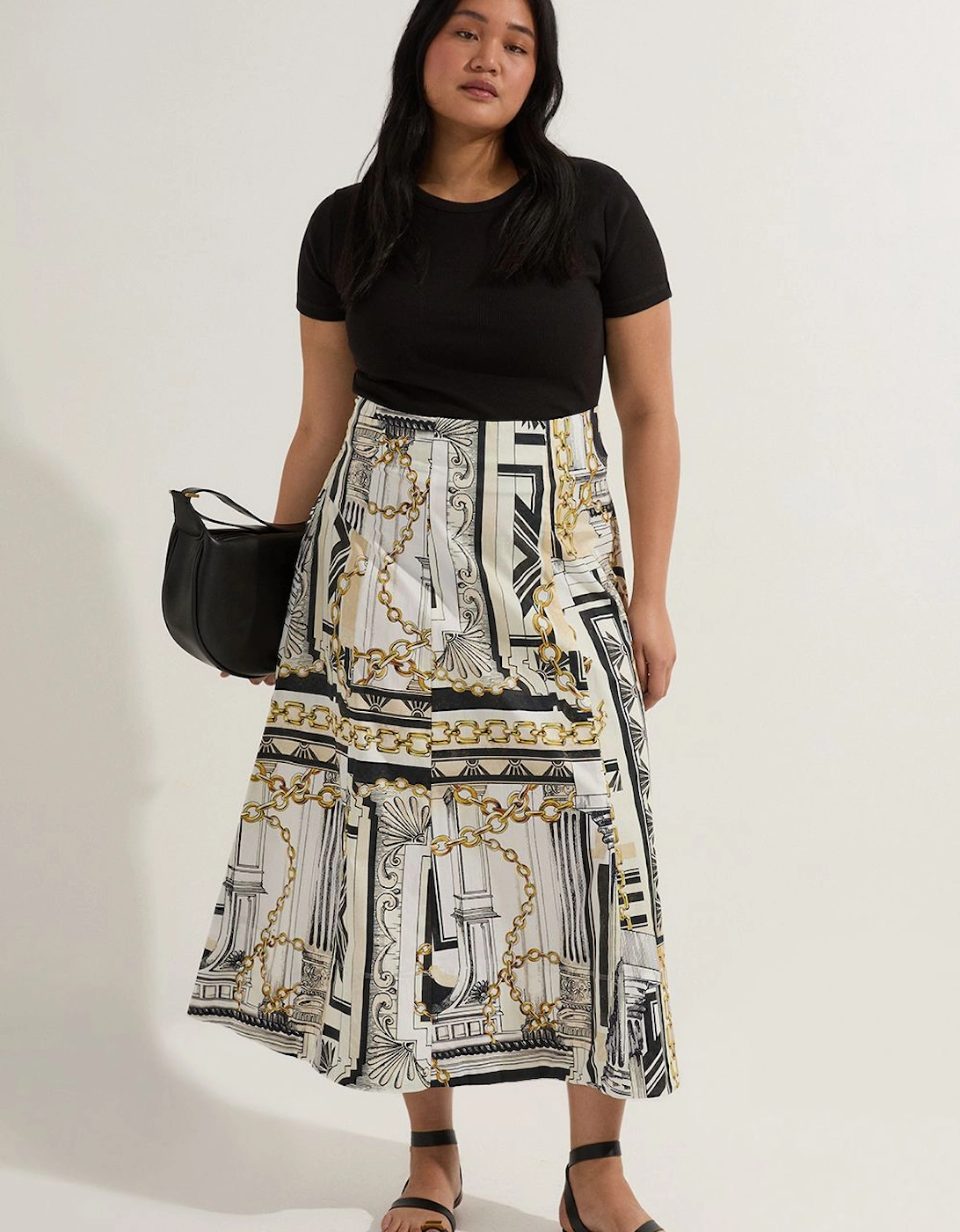 Plus Size Roma Print Cotton Sateen Woven Drama Midi Skirt, 2 of 1