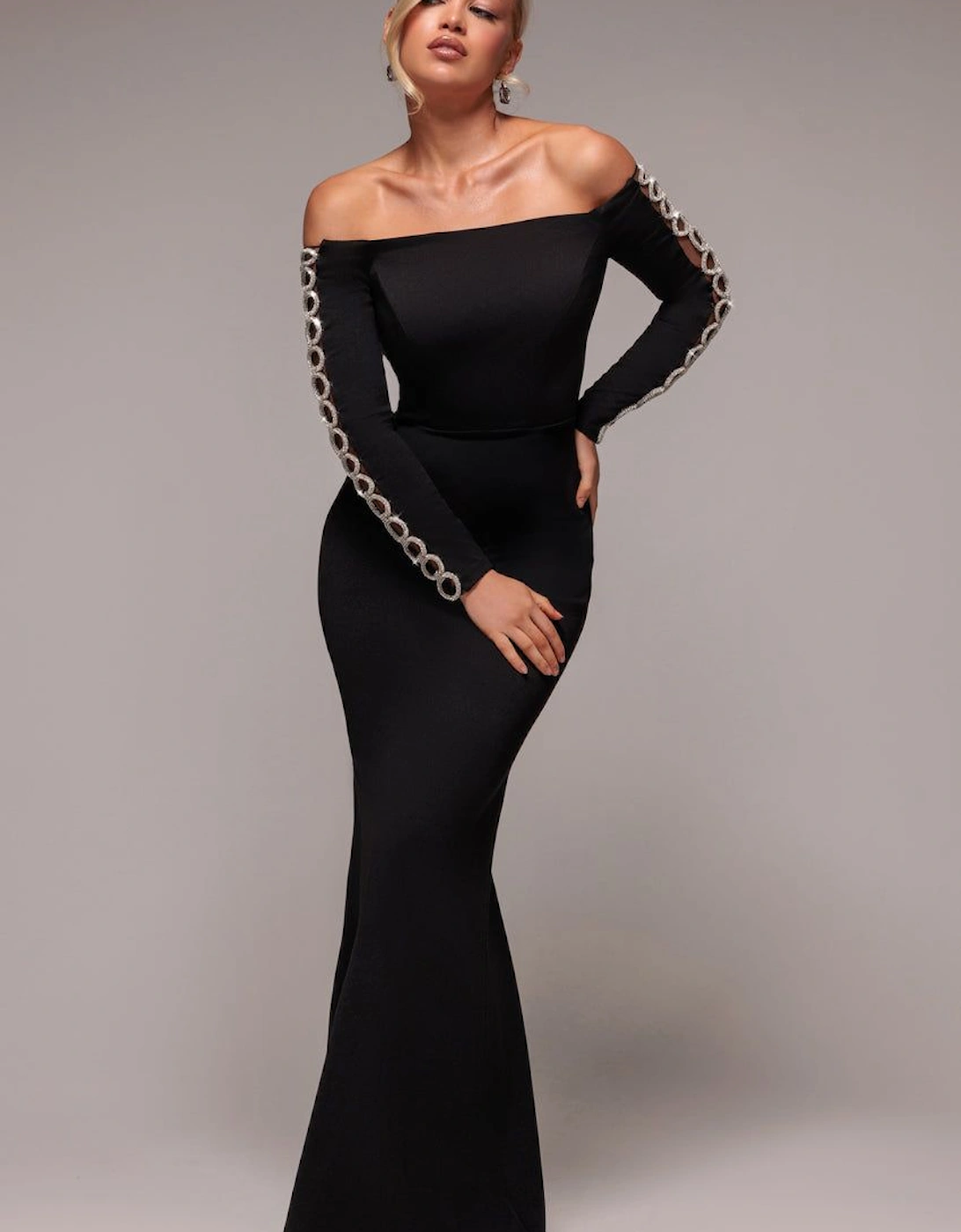 Embellished Diamante Sleeve Bardot Maxi Dress, 2 of 1