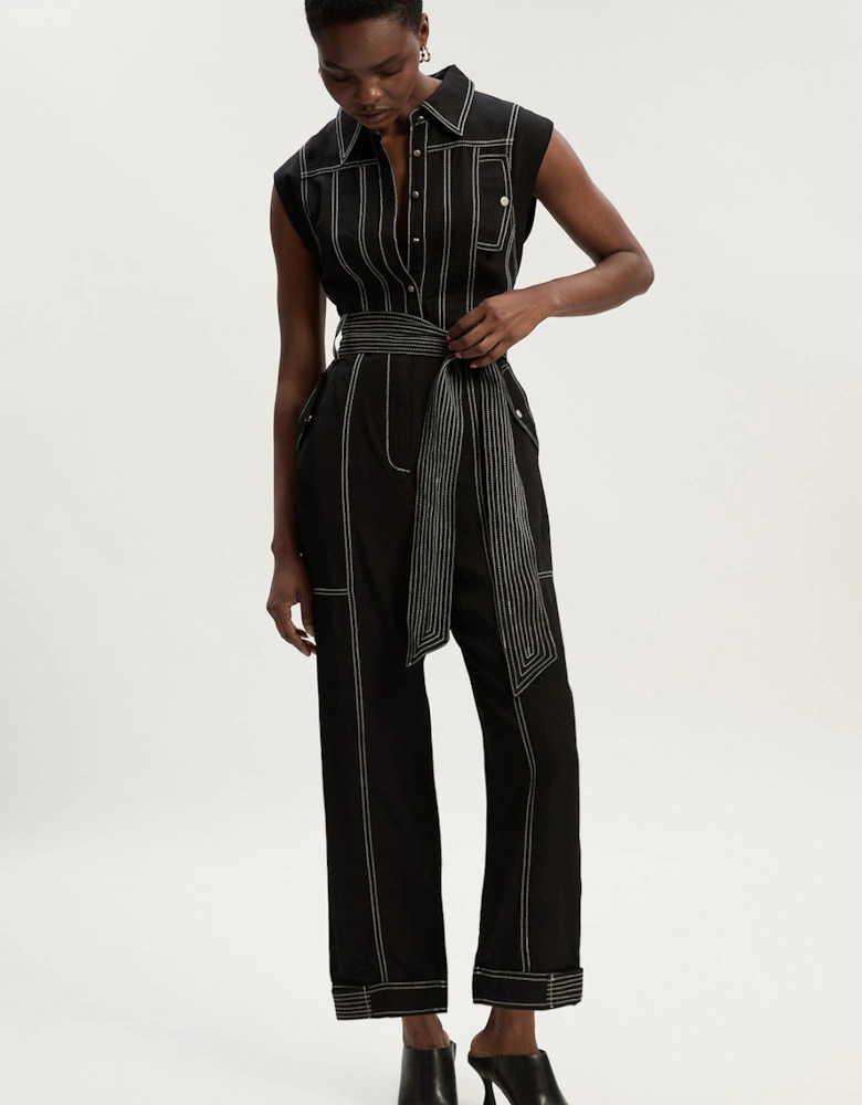 Premium Linen Twill Topstitch Woven Jumpsuit