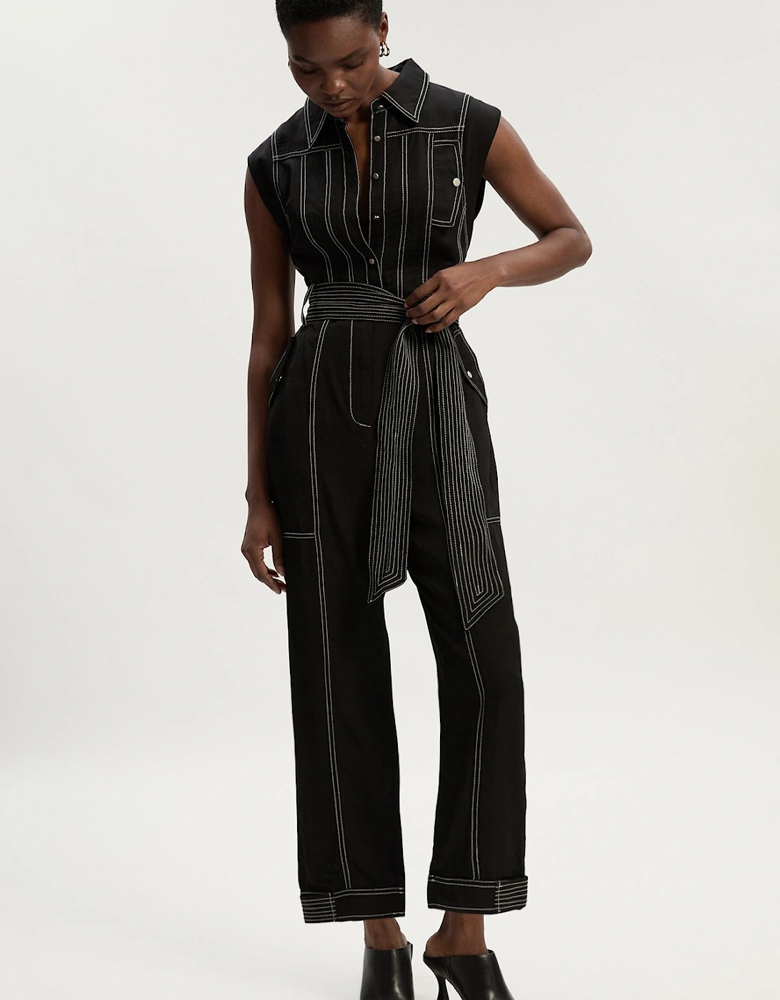 Premium Linen Twill Topstitch Woven Jumpsuit, 2 of 1