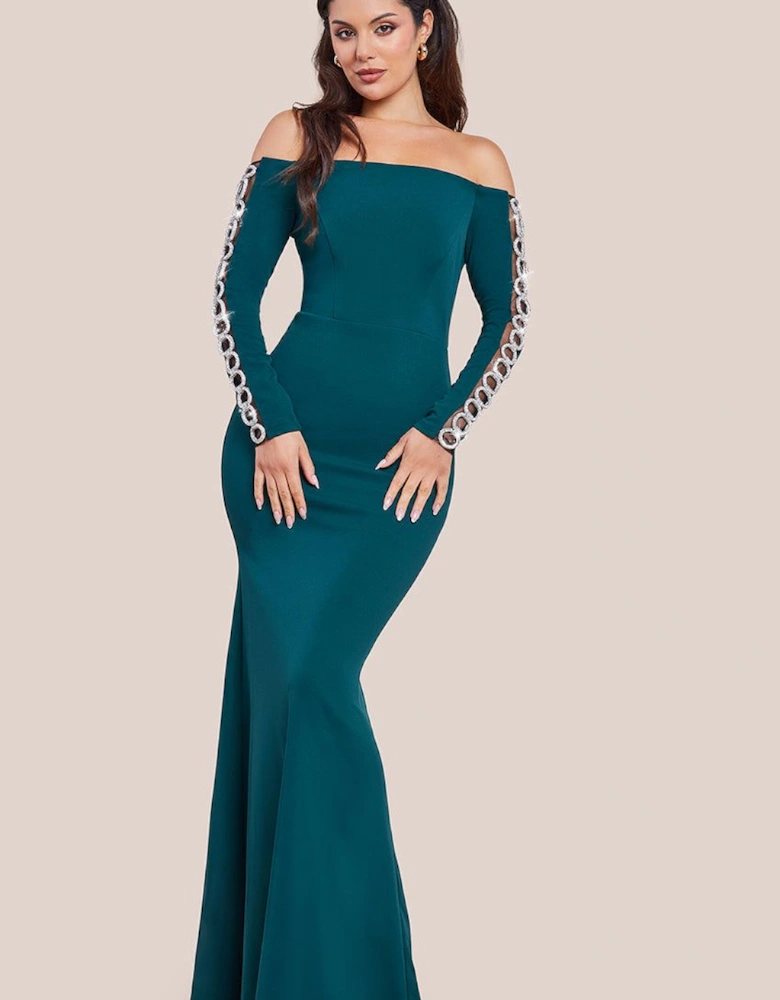 Embellished Diamante Sleeve Bardot Maxi Dress