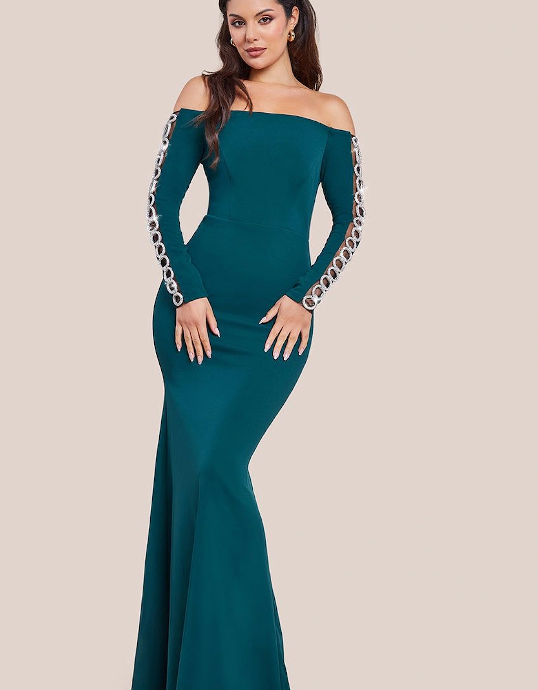 Embellished Diamante Sleeve Bardot Maxi Dress, 2 of 1