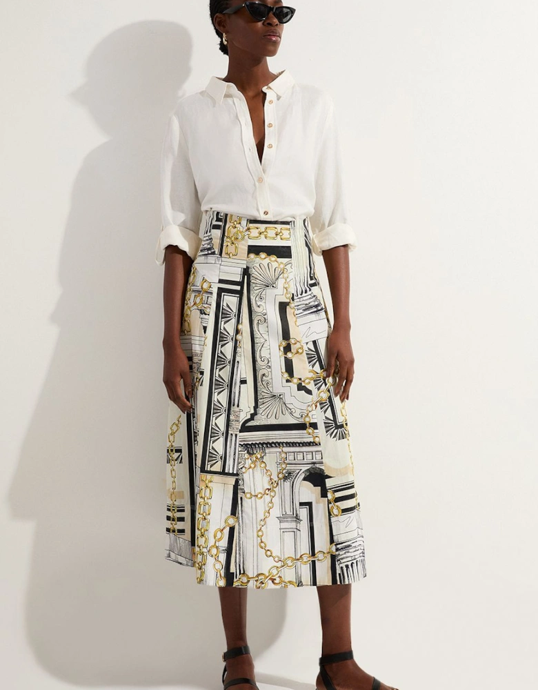Tall Roma Print Cotton Sateen Woven Drama Midi Skirt