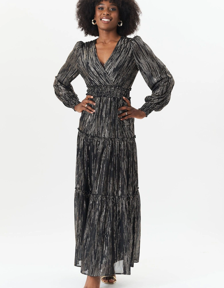 Black Lurex Chiffon Occassion Tiered Maxi Dress