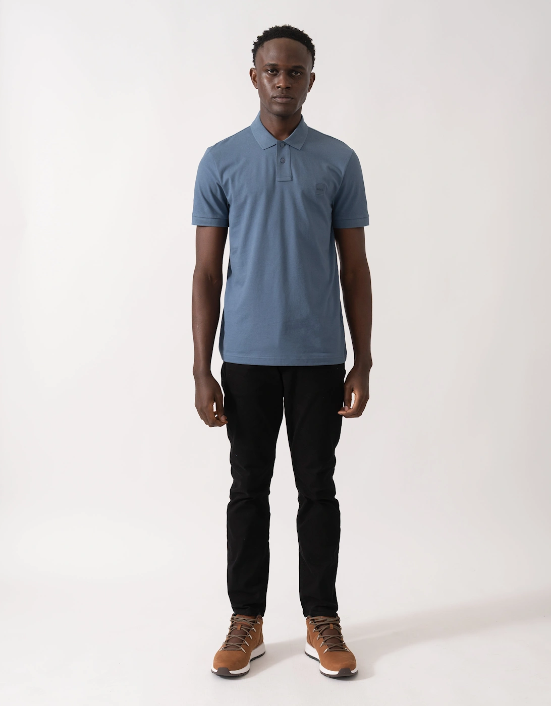 BOSS Orange Passenger Mens Stretch-Cotton Slim-Fit Polo Shirt with Logo Patch - Open Blue 495