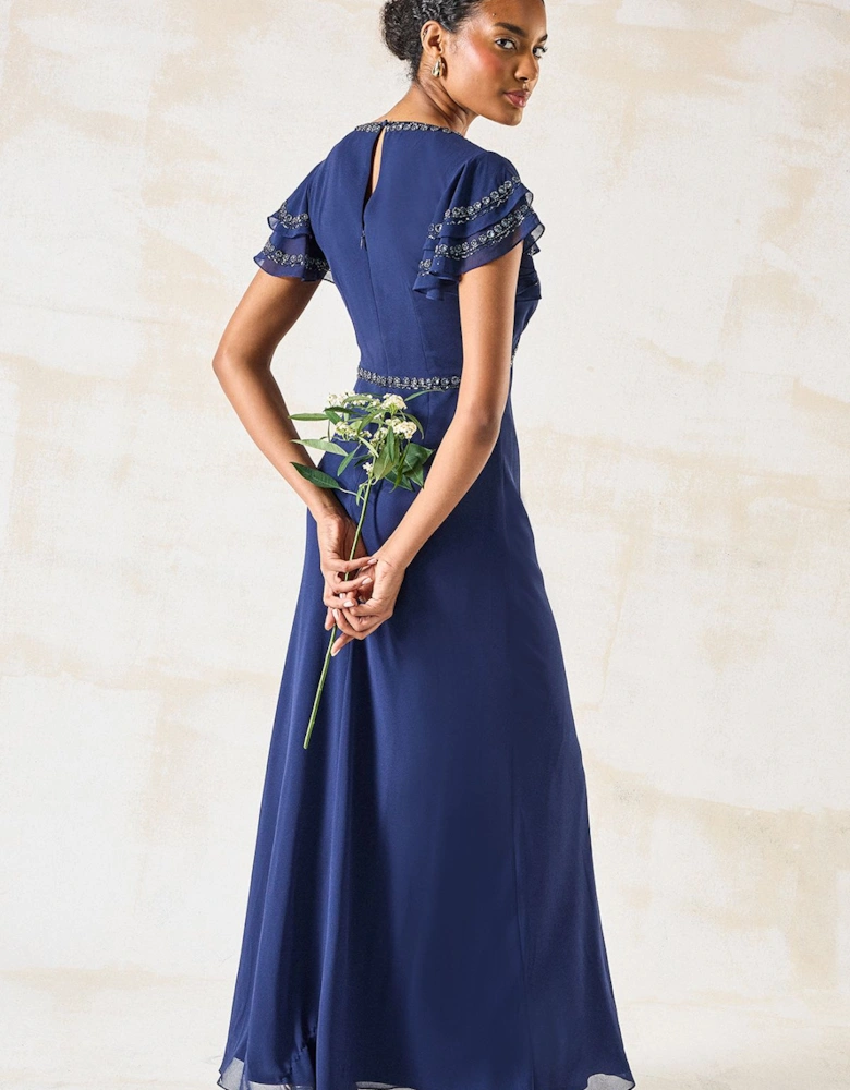 Trim Detail V Neck Flutter Sleeve Bridesmaid Dress
