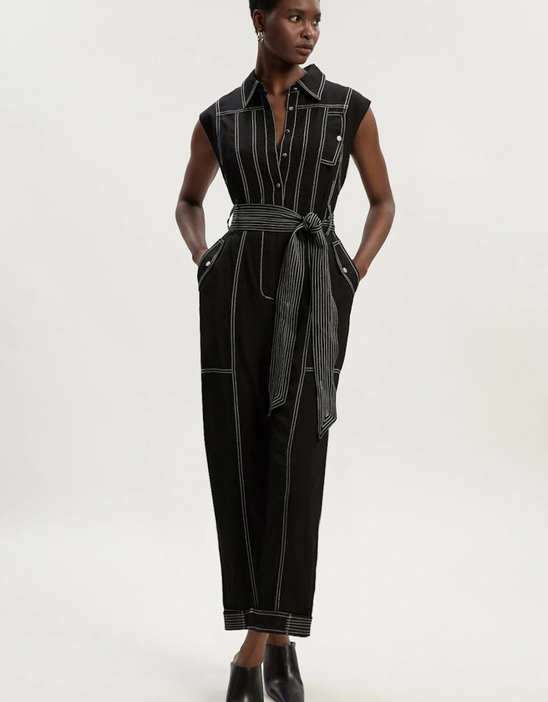 Tall Premium Linen Twill Topstitch Woven Jumpsuit