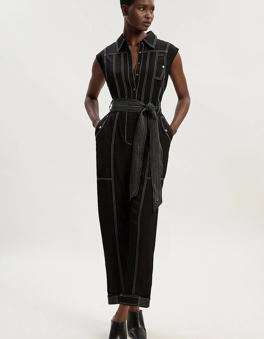 Tall Premium Linen Twill Topstitch Woven Jumpsuit, 2 of 1