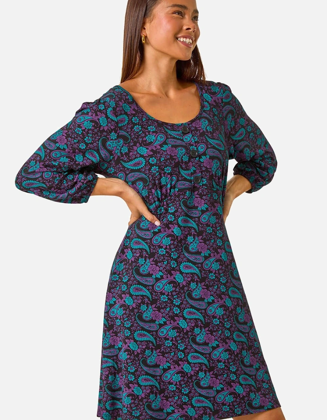 Petite Paisley Print Button Stretch Dress, 2 of 1