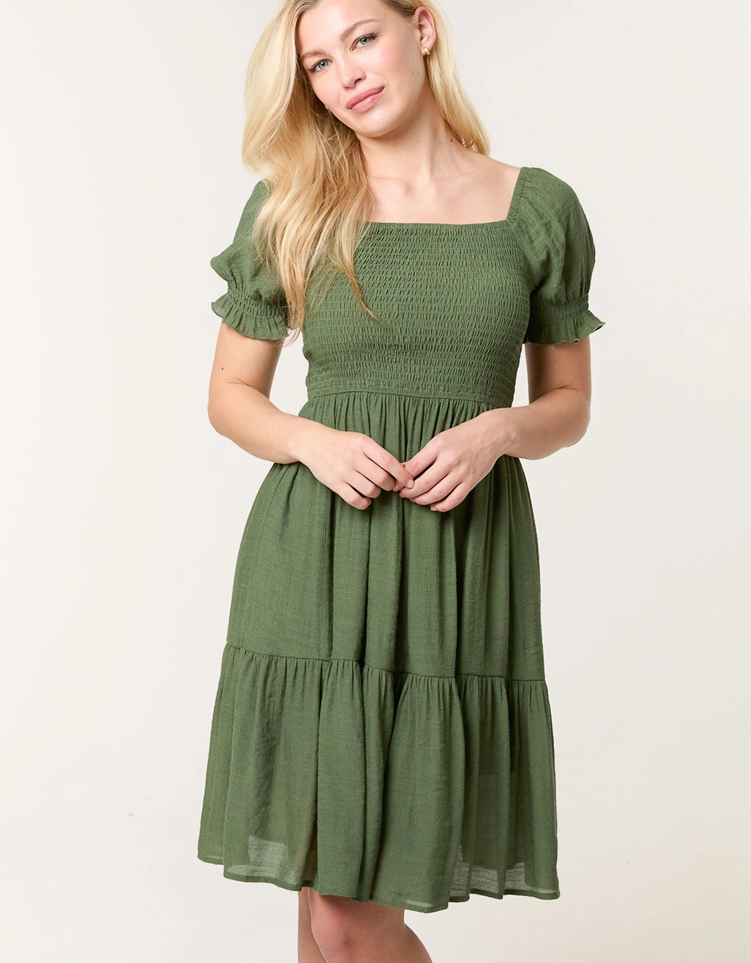 Khaki Shirred Puff Sleeve Mini Dress, 2 of 1