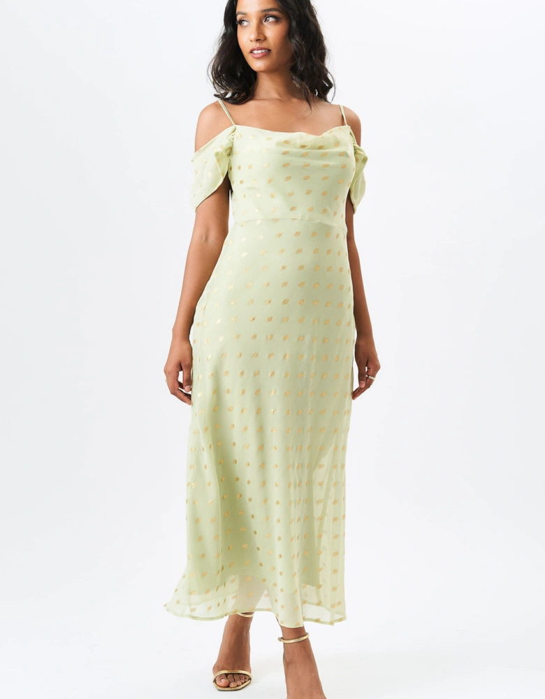Sage Green Cowl Neck Drop Sleeves Foil Maxi Dress