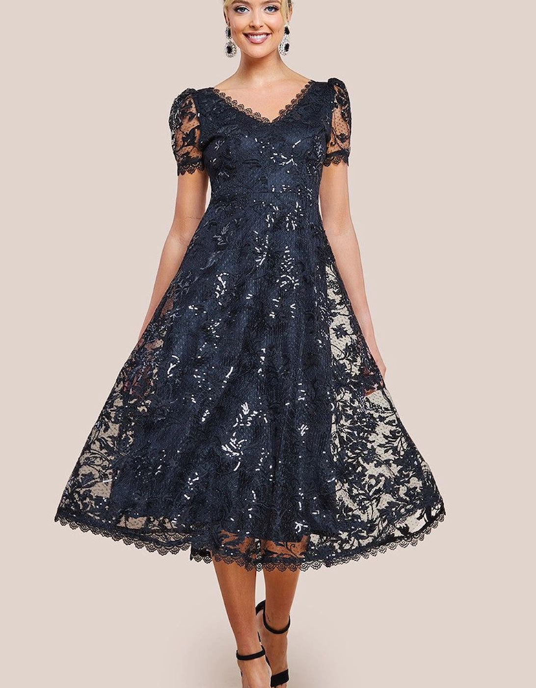 Sequin Lace Short Sleeve A-Line Midi Dress, 2 of 1