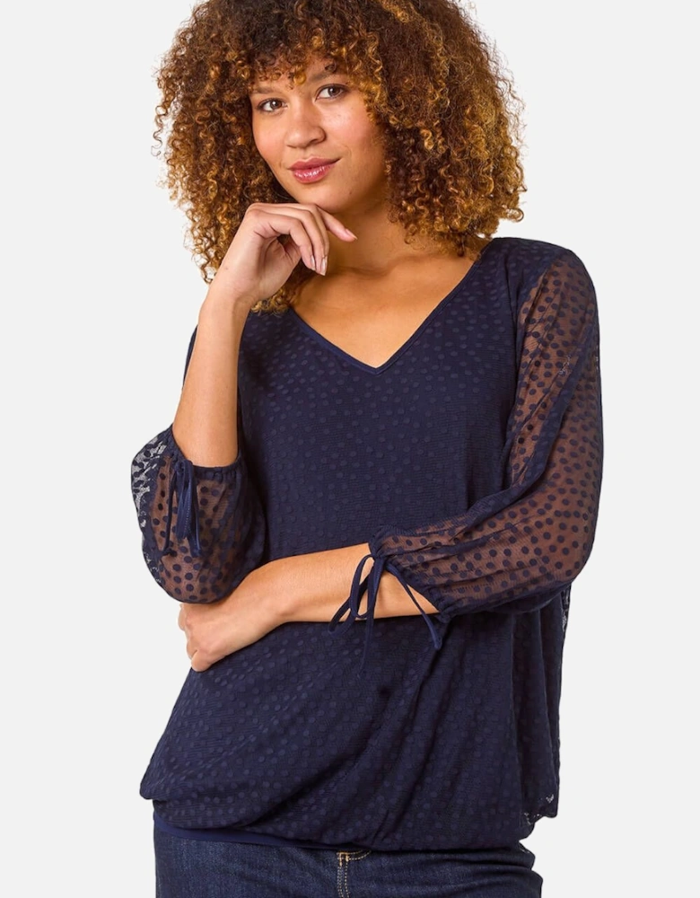 Burnout Print V-Neck Overlay Mesh Top
