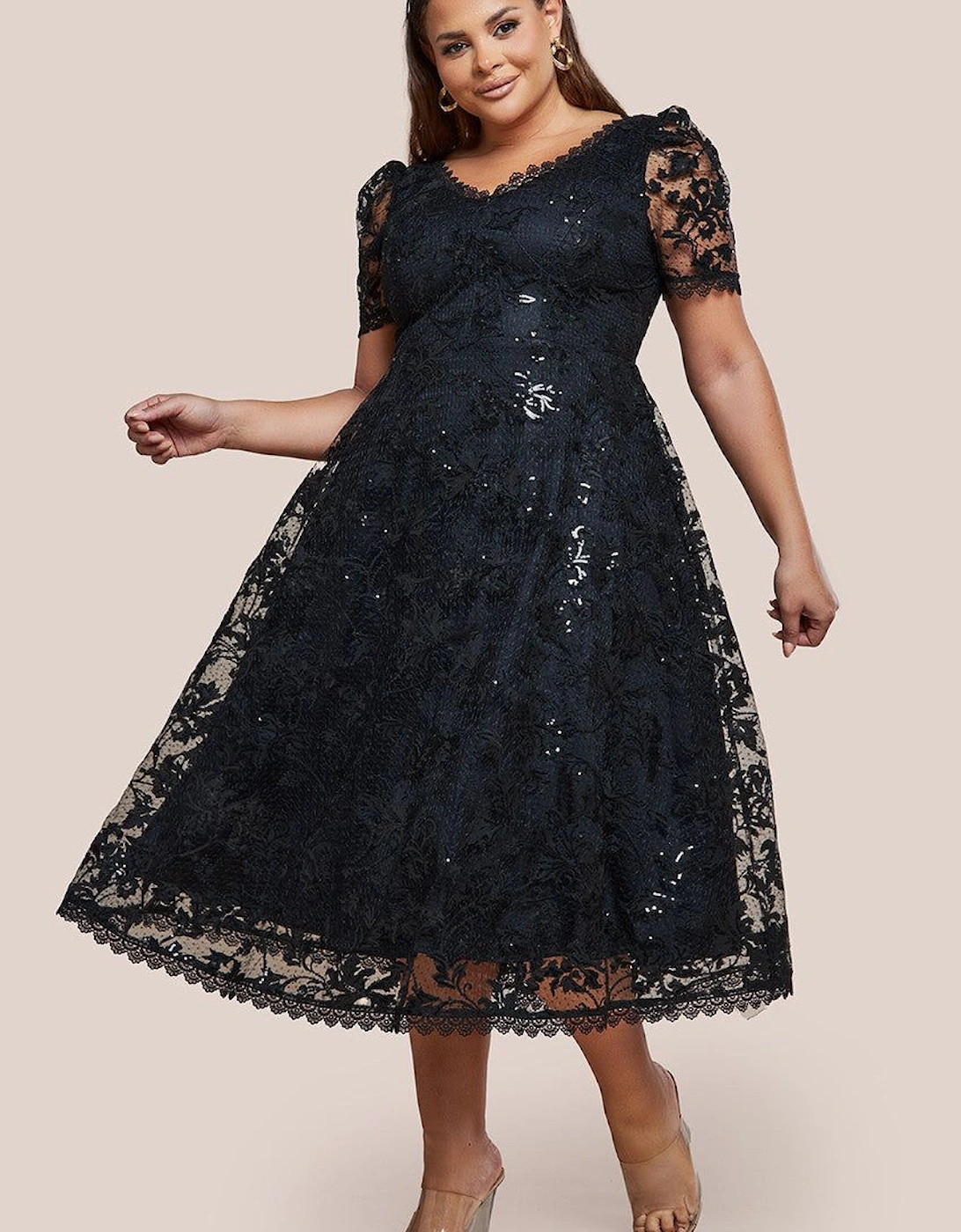 Sequin Lace Short Sleeve A Line Midi Dress, 2 of 1