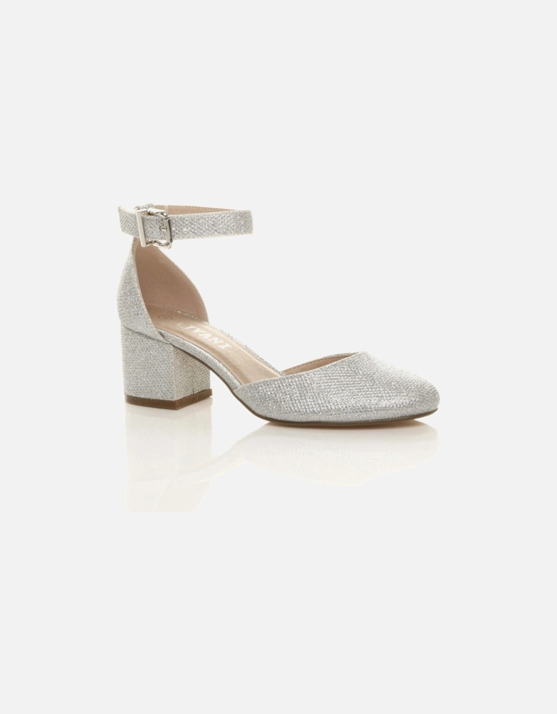 Mid Block Heel Ankle Strap Glitter Mesh 2 Part Heels